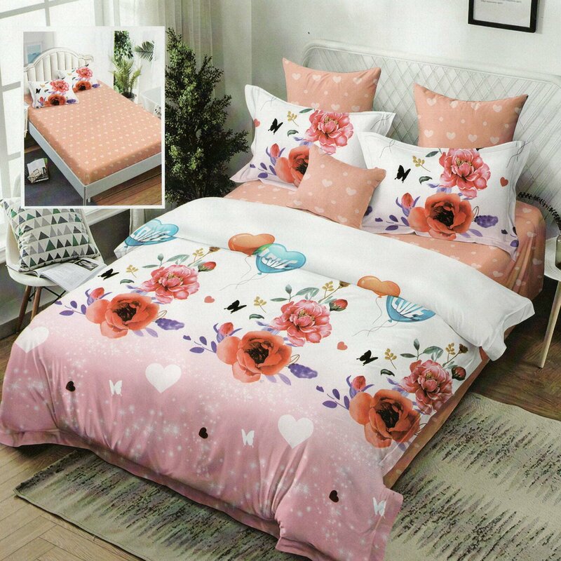 Somnart - lenjerie de pat finet 6 piese, cearceaf pat cu elastic, cearceaf pilota 200x230, 2 fete perna 50x70, 2 fete perna 70x70, extra, love flowers