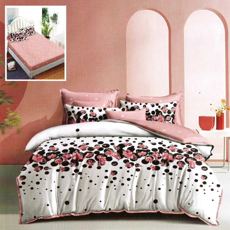 Somnart - lenjerie de pat finet 6 piese, cearceaf pat cu elastic, cearceaf pilota 200x230, 2 fete perna 50x70, 2 fete perna 70x70, extra, model flori piersic