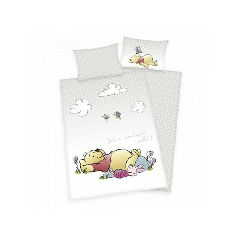 Lenjerie 2 piese Reversibila Winnie The Pooh din Bumbac, 135x100 cm