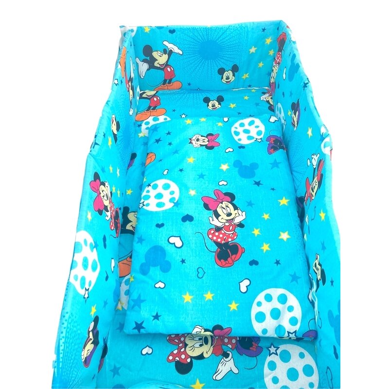 Lenjerie de patut bebelusi 120x60 cm 5 piese cu aparatori laterale pe burete CN Mickey pe Turquaz