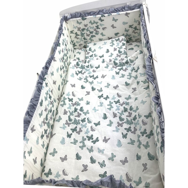 Croitoria noastra - lenjerie de patut bebelusi 120x60 cm 5 piese cu aparatori laterale pe burete cn roi de fluturi gri