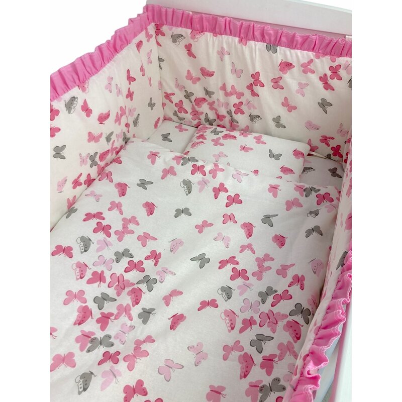 Croitoria noastra - lenjerie de patut bebelusi 120x60 cm 5 piese cu aparatori laterale pe burete cn roi de fluturi roz