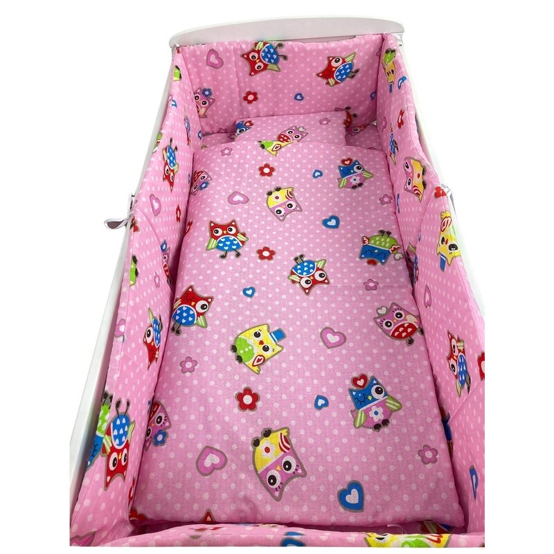 Lenjerie de patut bebelusi 140x70 cm 5 piese cu aparatori laterale pe burete cn bufnițe pe roz