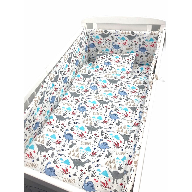 Croitoria noastra - lenjerie de patut bebelusi 140x70 cm 5 piese cu aparatori laterale pe burete cn dinozauri