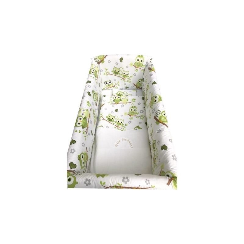 Deseda - lenjerie de patut bebelusi 140x70 cm cu aparatori maxi bufnite indragostite verzi