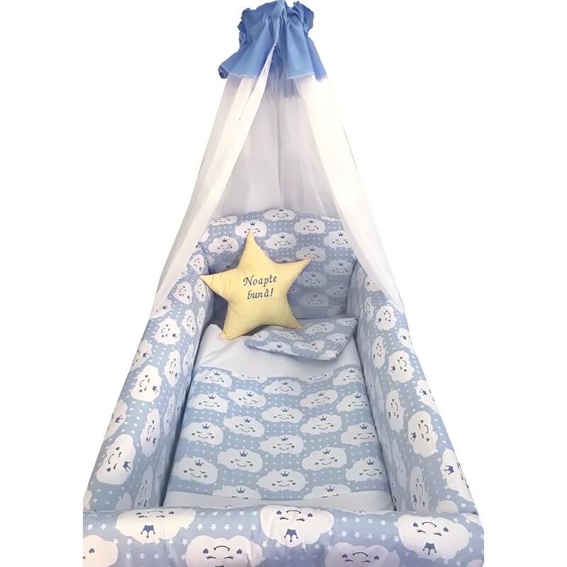 Deseda - lenjerie de patut bebelusi 9 piese pat 120x60 cm cu baldachin si aparatori maxi steluta noapte buna albastru