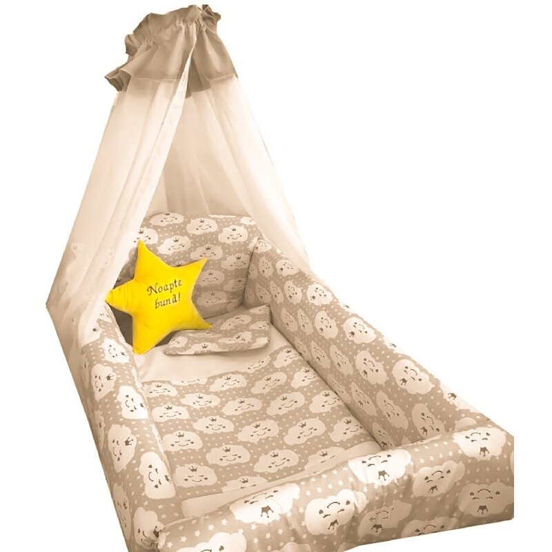 Deseda - lenjerie de patut bebelusi 9 piese pat 140x70 cm cu aparatori si baldachin maxi steluta noapte buna bej