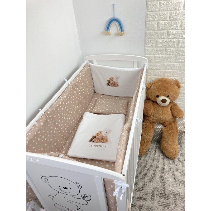 Lenjerie de patut bebelusi Personalizata Imprimata pat 140x70 cm Steluțe pe bej Ursuleti