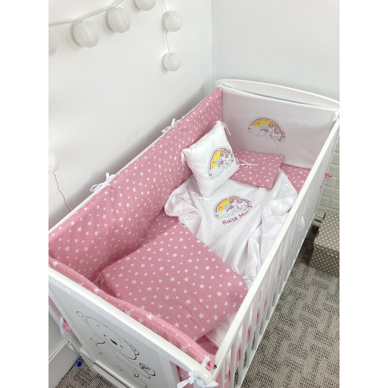 Deseda - lenjerie de patut bebelusi personalizata imprimata pat 140x70 cm steluțe pe roz unicorn cu curcubeu