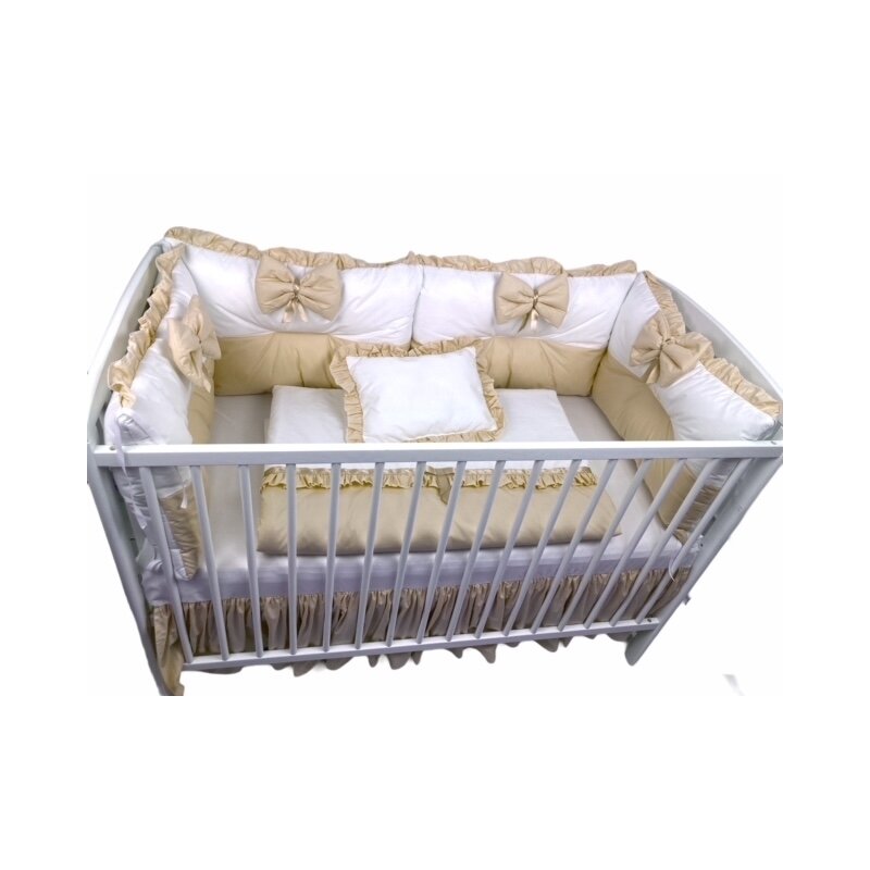 Deseda - lenjerie de patut cu 6 aparatori pufoase alb-bej 120x60 cm fundite plapumioara perna si cearsaf cu volan