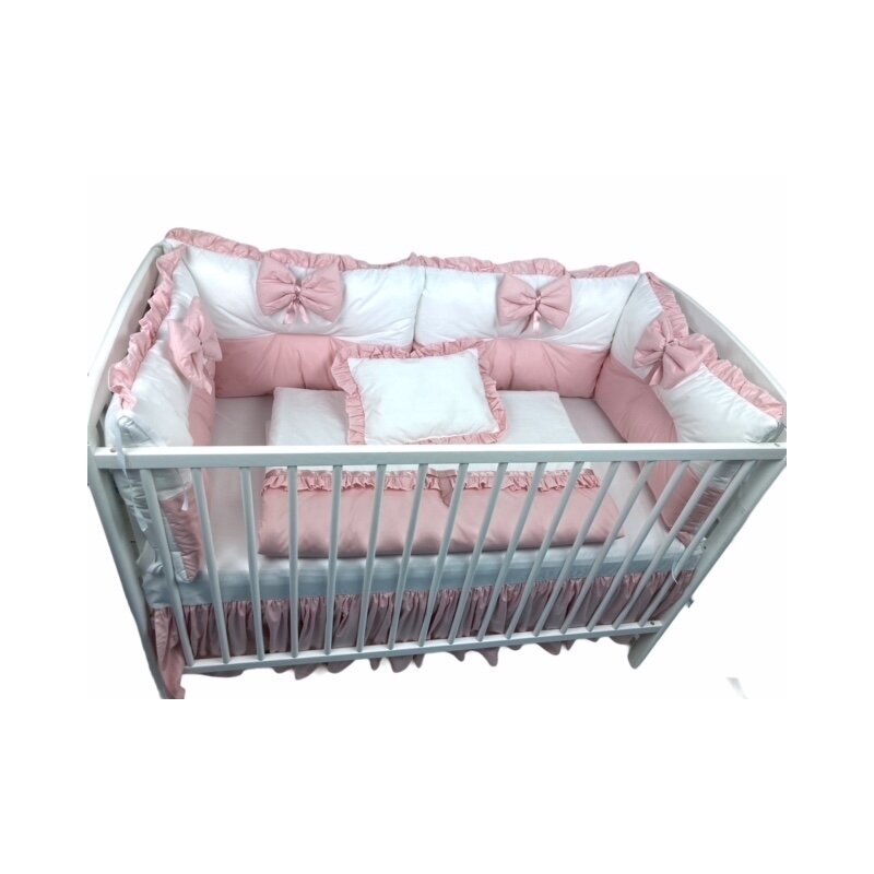 Deseda - lenjerie de patut cu 6 aparatori pufoase alb-roz pal 120x60 cm fundite plapumioara perna si cearsaf cu volan