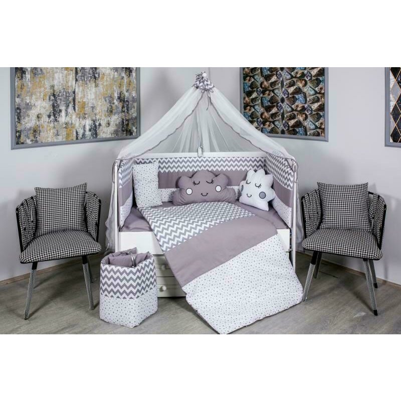 Mykids - lenjerie 10 piese cloud, fara baldachin, din bumbac, 120x60 cm, alb/gri