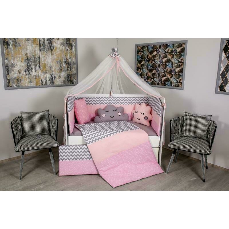 Mykids - lenjerie 10 piese cloud, fara baldachin, din bumbac, 120x60 cm, gri/roz