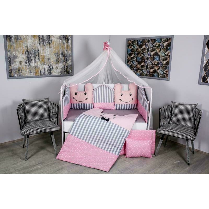 Mykids - lenjerie 10 piese figures, fara baldachin, din bumbac, 120x60 cm, gri/roz