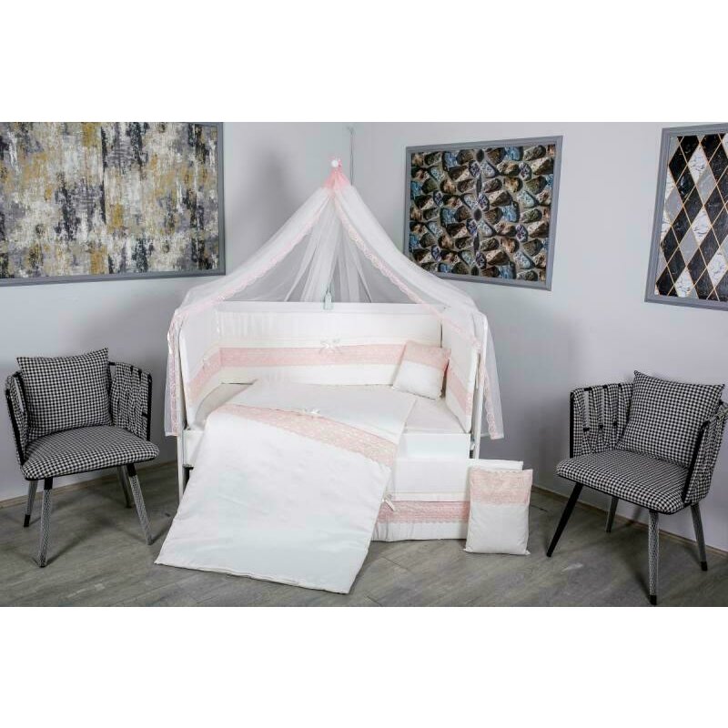 Mykids - lenjerie 11 piese cream, cu baldachin, din bumbac, 120x60 cm, roz