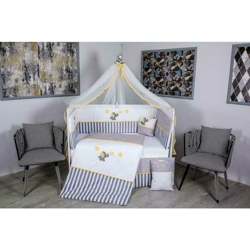 Mykids - lenjerie 11 piese elephant, cu baldachin, din bumbac, 120x60 cm, galben/gri