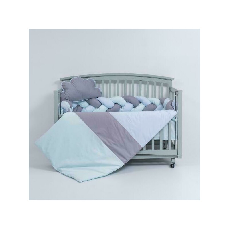 Mykids - lenjerie 6 piese, fara baldachin, cu aparatoare impletita, din bumbac, 120x60 cm, albastru/gri