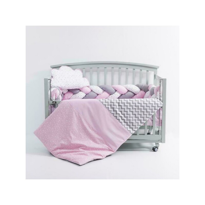 Mykids - lenjerie 6 piese, fara baldachin, cu aparatoare impletita, din bumbac, 120x60 cm, gri/roz