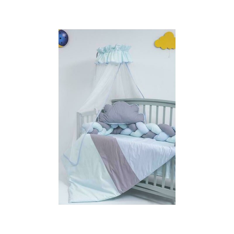 Mykids - lenjerie 8 piese, cu baldachin, din bumbac, 120x60 cm, albastru/gri