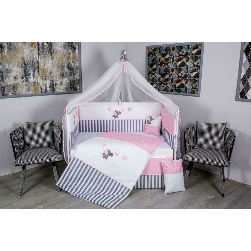 Mykids - lenjerie 9 piese elephant, fara baldachin, din bumbac, 120x60 cm, gri/roz