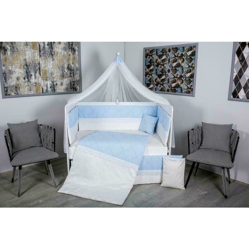 Mykids - lenjerie 9 piese squars, fara baldachin, din bumbac, 120x60 cm, alb/albastru