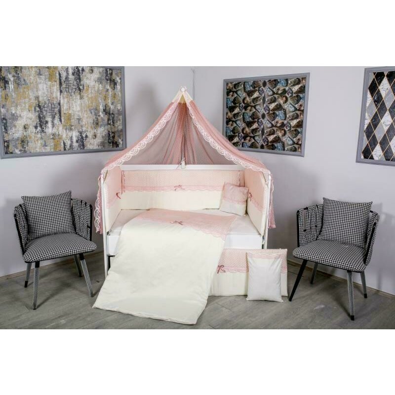 Mykids - lenjerie 9 piese, fara baldachin, din bumbac, 120x60 cm, alb/roz