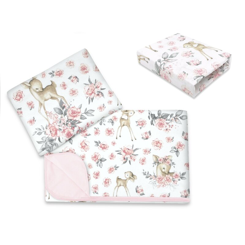 Lenjerie patut cu 3 piese, MimiNu, Cu cearceaf 120x60 cm, Din bumbac certificat Oeko Tex Standard 100, Cu paturica si pernuta, Sweet Deer Pink