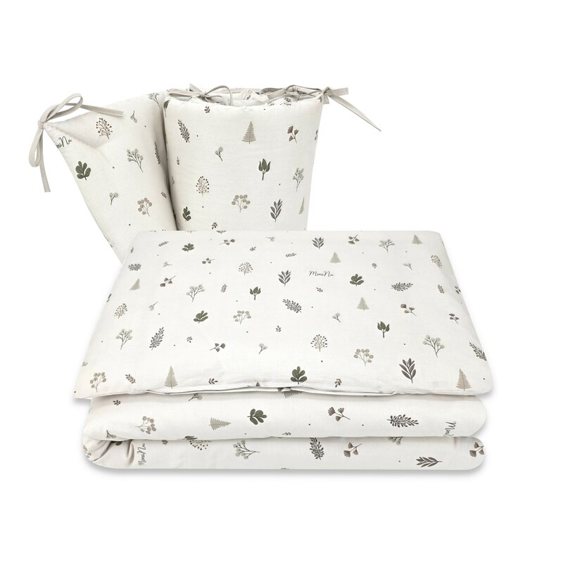 Lenjerie patut 3 piese, MimiNu, Pentru patut 120x60 cm, Cu protectie laterala, Din bumbac certificat Oeko Tex Standard 100, Leaves