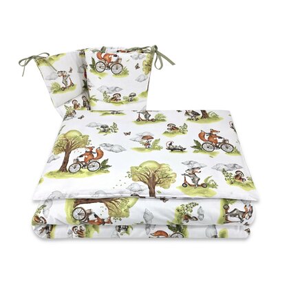 Lenjerie patut 3 piese, Qmini, Pentru patut 120x60 cm, Cu protectie laterala, Din bumbac certificat Oeko Tex Standard 100, Fox on bikes Natural