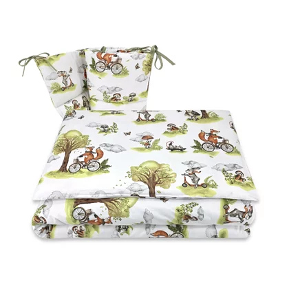 Lenjerie patut 3 piese, Qmini, Pentru patut 120x60 cm, Cu protectie laterala, Din bumbac certificat Oeko Tex Standard 100, Fox on bikes Natural