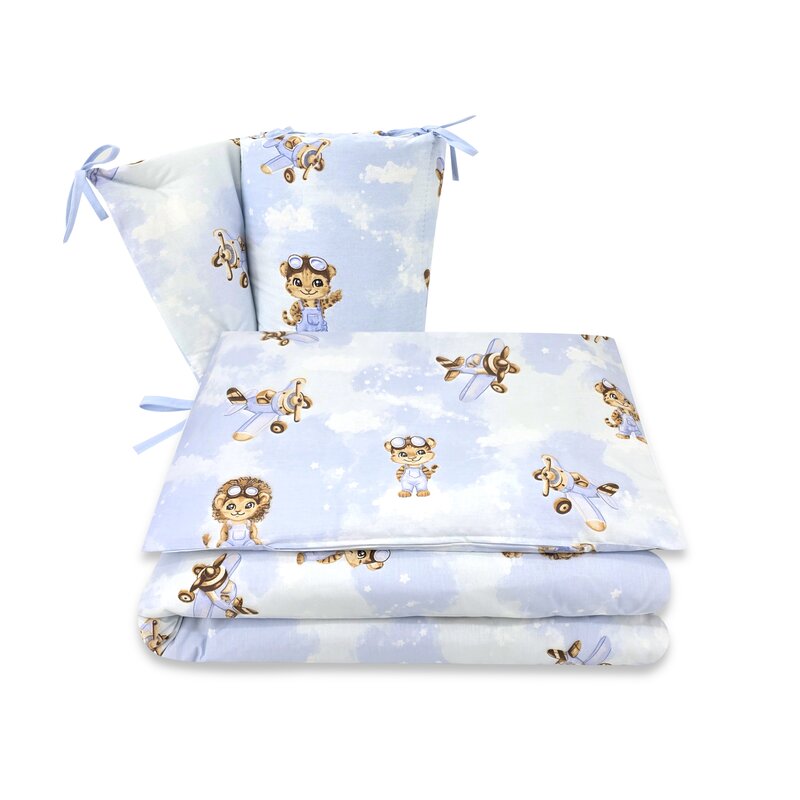Lenjerie patut 3 piese, Qmini, Pentru patut 120x60 cm, Cu protectie laterala, Din bumbac certificat Oeko Tex Standard 100, Sky Adventure