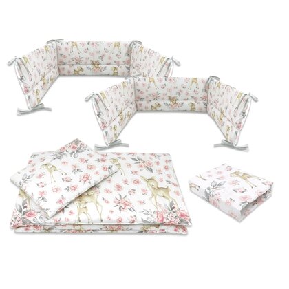 Lenjerie patut cu 5 piese, MimiNu, Cu cearceaf 120x60 cm, Pilota, Pernuta, 2 aparatori, Din bumbac certificat Oeko Tex Standard 100, Sweet Deer Pink