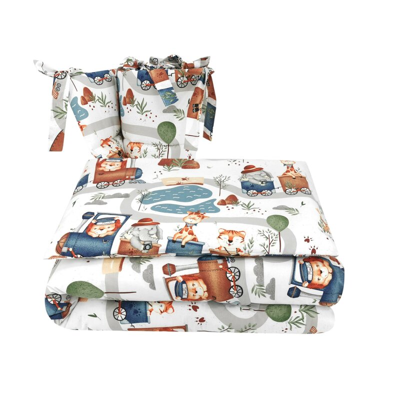 Lenjerie patut cu 3 piese, MimiNu, Pentru patut 120x60 cm, Cu protectie laterala, Din bumbac, Din bumbac certificat Oeko Tex Standard 100, Design, Zoo in train
