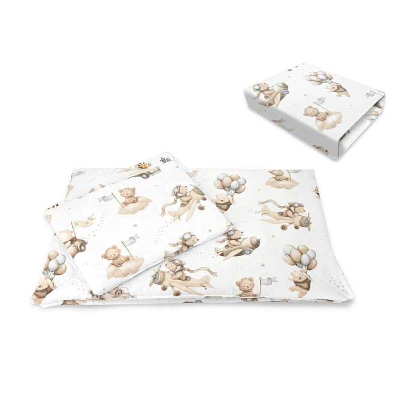Lenjerie patut cu 3 piese, Qmini, Aurora, Pentru co-sleeper, Din bumbac certificat Oeko Tex Standard 100, Teddy Explorer Beige