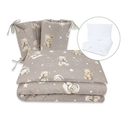 Lenjerie patut cu 5 piese, MimiNu, Pentru patut 120x60 cm, Cu pilota si perna, Din bumbac certificat Oeko Tex Standard 100, Bedtime story beige