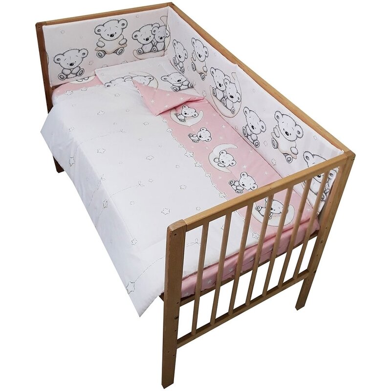 Hubners - lenjerie 4 piese ursulet pe semiluna din bumbac, 120x60 cm, roz