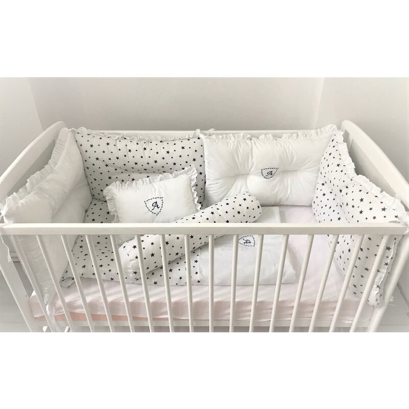 Deseda - lenjerie personalizata cu monograma cu 10 piese pat 120x60 cm alb - stelute bleumarin pe alb