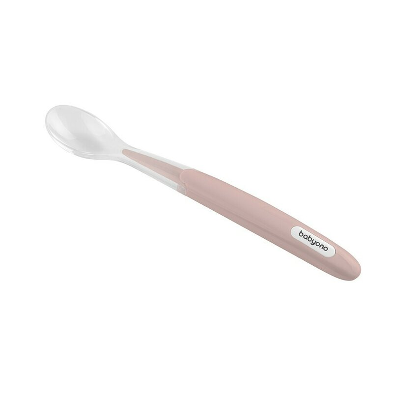 Lingurita ergonomica pentru bebelusi, Babyono, Sigura, Fara BPA, Ideala pentru invatarea alimentatiei independente si gingiile sensibile ale bebelusilor, 6 luni+, Roz