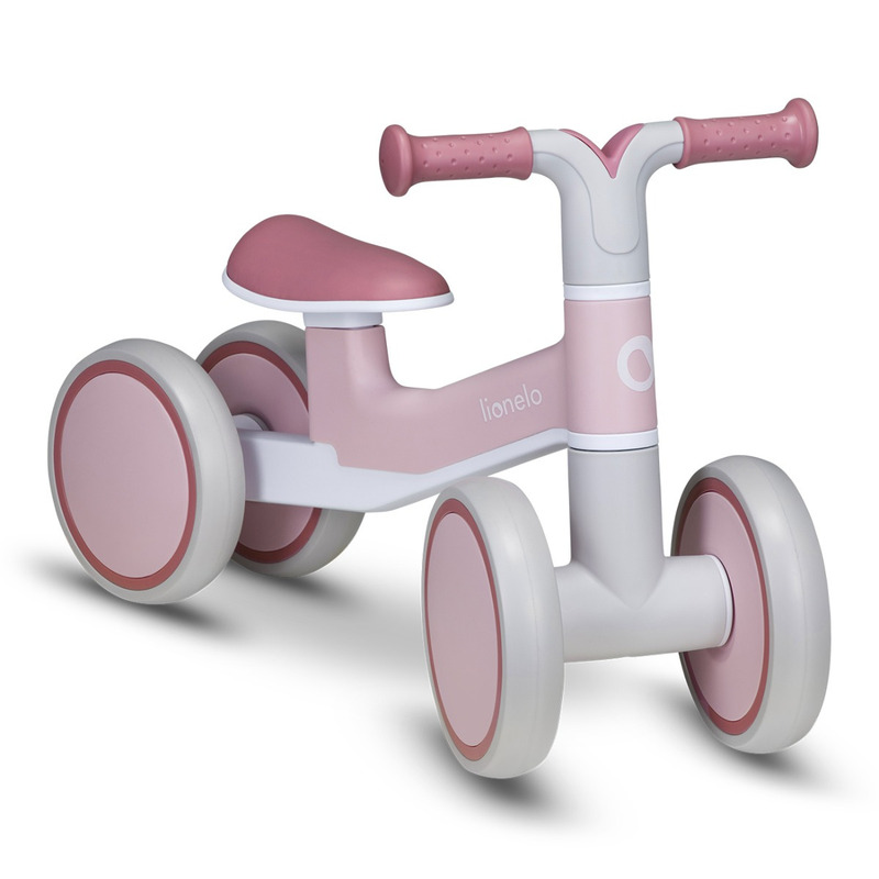 Lionelo - bicicleta fara pedale villy, cu 4 roti, din spuma eva si tpr, stabila, manere moi, antiderapante, 12- 36 luni, sustine pana la 30 kg, certificata en 71-1:2014, en 71-2:2011, en 71-3:2019, roz