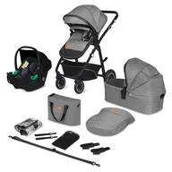 Carucior 3 in 1, Lionelo, Bianka, Transformabil, Cadru aluminiu, Cu landou si salteluta moale, Cu scoica auto, Cu multiple accesorii, Sustine 22 kg, 0 luni+, EN1466:2014+AC:2015, EN1888, Gri