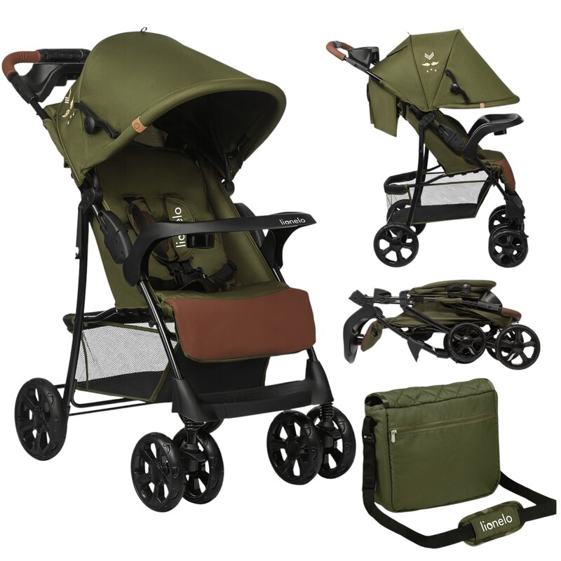 Carucior sport, Lionelo, Emma Plus, Cu tavita, 2 Suporturi pentru pahar, Geanta accesorii, Conform cu standardul european de securitate EN1888-1, Forest Green