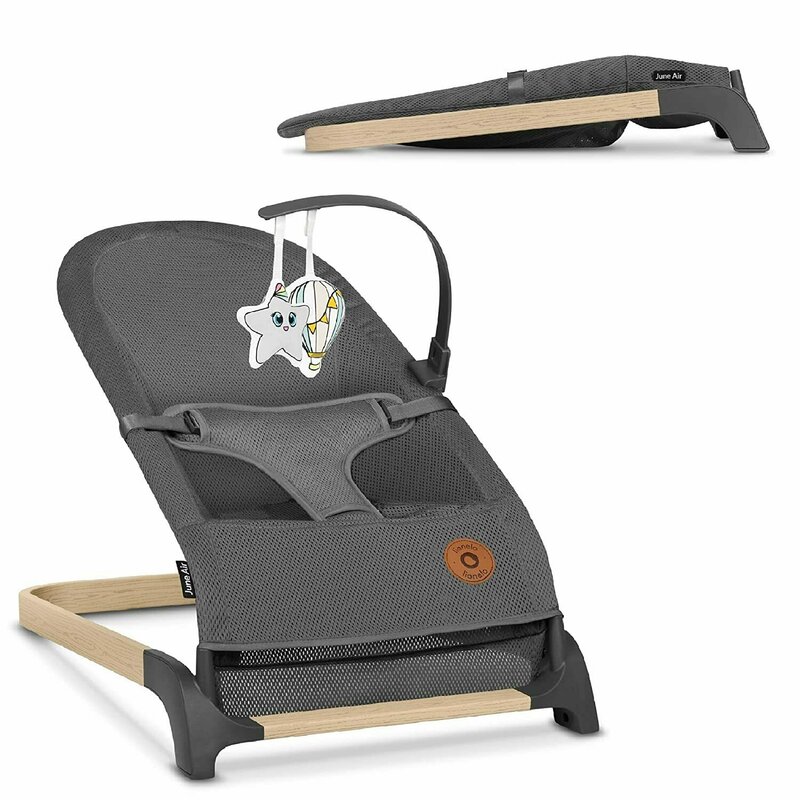 Lionelo - fotoliu balansoar june air, cu arcada cu jucarii, ergonomic, permite circulatia aerului, balansare manuala, pliabil, 0 luni+, gri