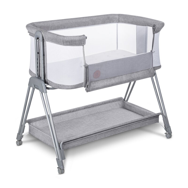 Lionelo - patut co-sleeper luna, 2 in 1, cu laterala culisanta, cu setare unghiulara, cu roti, reglabil in 6 pozitii pe inaltime, gri deschis