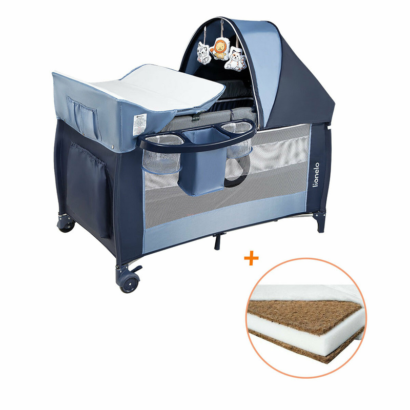Lionelo - patut pliant cu doua nivele, sven plus, 120x60 cm, cu accesorii, en716, en12221, blue navy + babyneeds - saltea cocos 120x60x10 cm