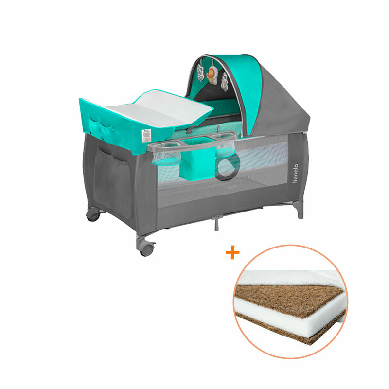 Lionelo - patut pliant cu doua nivele, sven plus, 120x60 cm, cu accesorii, en716, en12221, turcoaz/gri + babyneeds - saltea cocos 120x60x12 cm