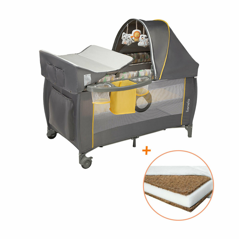 Lionelo - patut pliant cu doua nivele, sven plus, 120x60 cm, cu accesorii, en716, en12221, yellow scandi + babyneeds - saltea cocos 120x60x8 cm