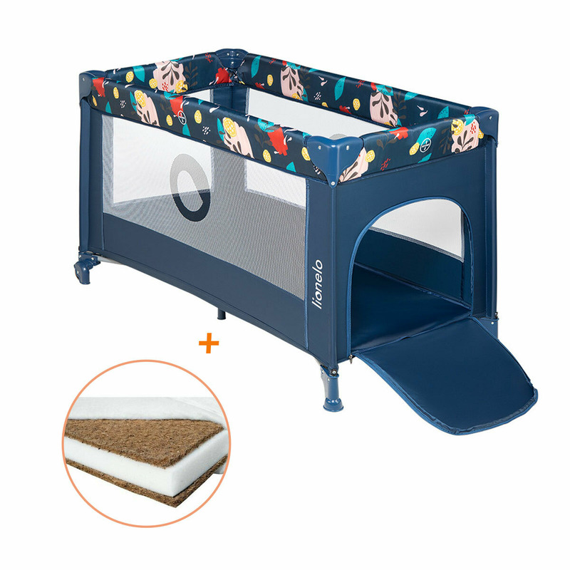 Lionelo - patut pliant cu un nivel stefi, 120x60 cm, cu intrare laterala cu fermoar, en716, blue navy + babyneeds - saltea cocos 120x60x12 cm