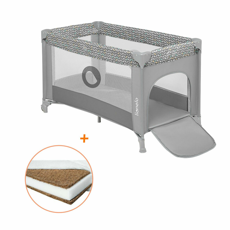 Lionelo - patut pliant cu un nivel stefi, 120x60 cm, cu intrare laterala cu fermoar, en716, grey + babyneeds - saltea cocos 120x60x8 cm