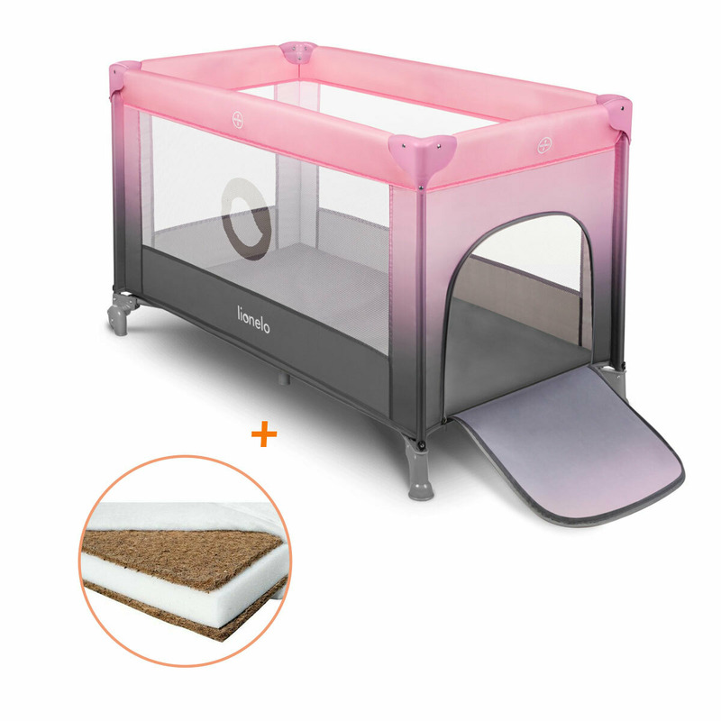 Lionelo - patut pliant cu un nivel stefi, 120x60 cm, cu intrare laterala cu fermoar, en716, roz ombre + babyneeds - saltea cocos 120x60x10 cm