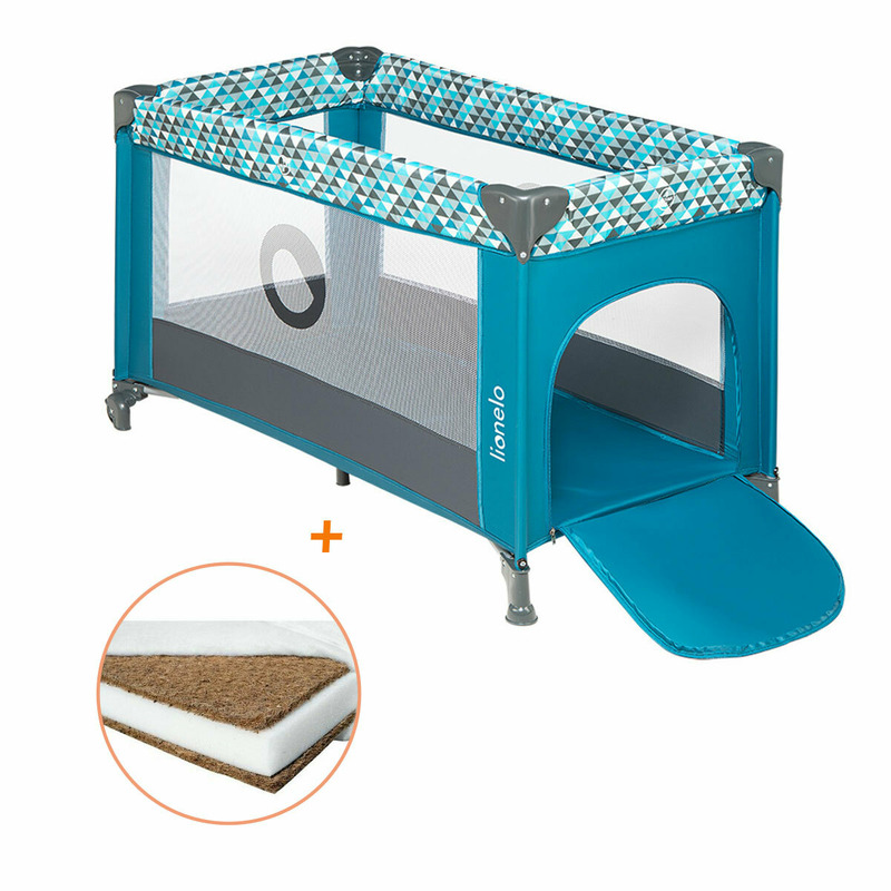 Lionelo - patut pliant cu un nivel stefi, 120x60 cm, cu intrare laterala cu fermoar, en716, turquoise + babyneeds - saltea cocos 120x60x10 cm